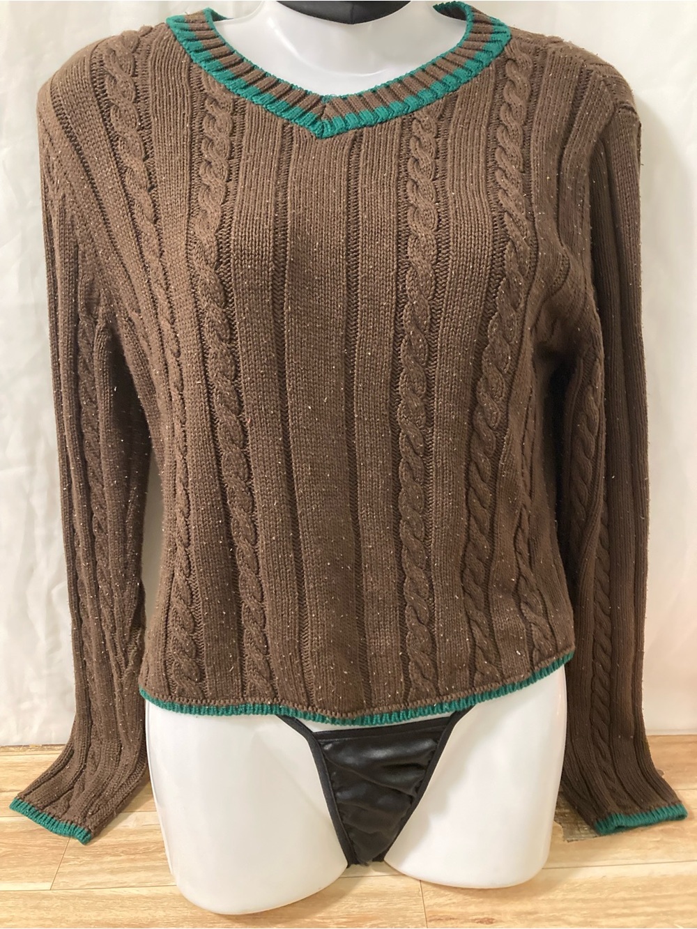 Zara Brown Cable Knit Sweater Teal Trim Size S - Picture 1 of 3